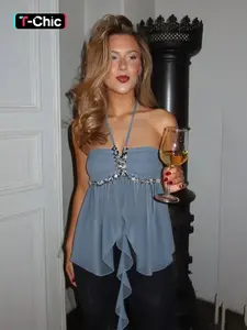 Elegant Sequined Halter Top, Lightweight Chiffon Blouse with Beaded Strap, Stylish Women's Fashion Fit, Perfect for Parties and Special Occasions