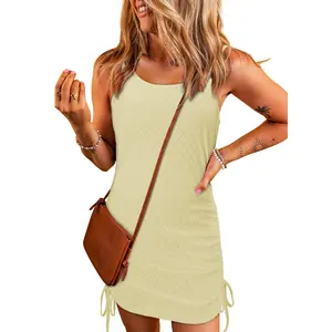 Angerella Women's Hollow Out Cover Up Swimwear Beachwear Double Shoulder Straps Sleeveless Mini Dress Drawstring Beach Dress