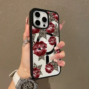 Adorable Magnetic Case for iPhone11/12/13/14/15/16/17/promax Leopard Star and Lips Pattern MagSafe Compatible, Lightweight, Anti-Fall | Girly & Chic Style