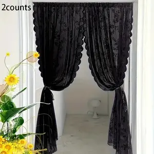 Solid Color Door Curtain, 2 Counts Wavy Lace Edge Door Curtain, Embroidered Semi-translucent Window Screen Home Decoration Curtain for Home Living Room Bedroom Hotel