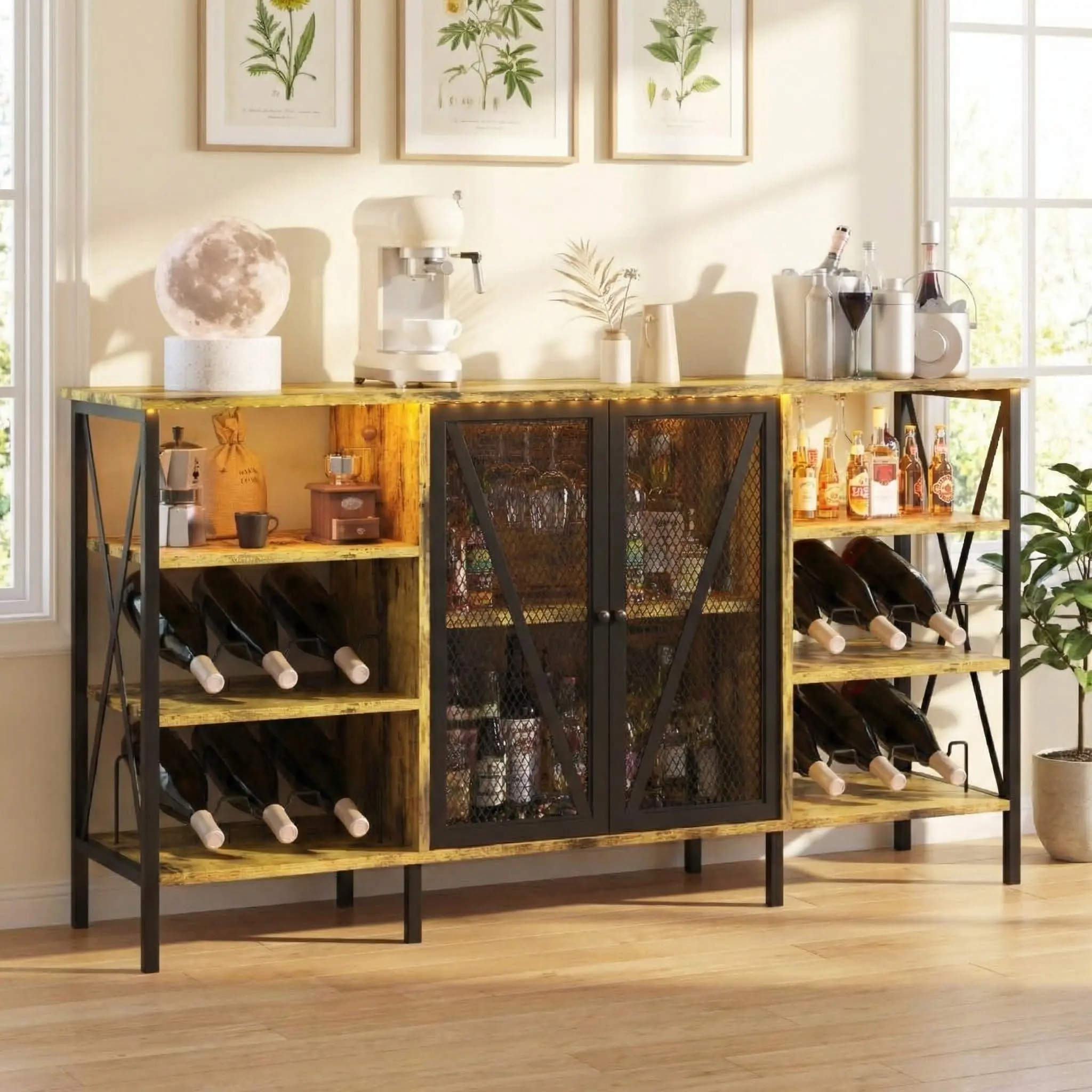 GARVEE Rustic Wine Bar Cabinet with Wine Rack & Glass Holder, Coffee Bar with Adjustable Led Light, Metal Sideboard & Liquor Table Cabinet with Mesh Door for Home Bar, 55.2", Farmhouse Brown