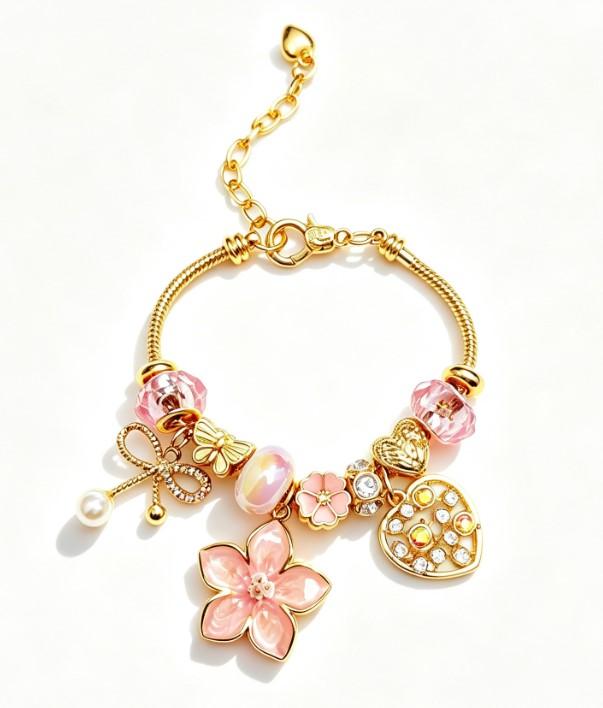 Gold Snake Chain Beaded Bracelet, Pink Flower Enamel Charm Bracelet with Pink Crystal Pearl Rhinestone, Fashion Jewelry Gift for Women