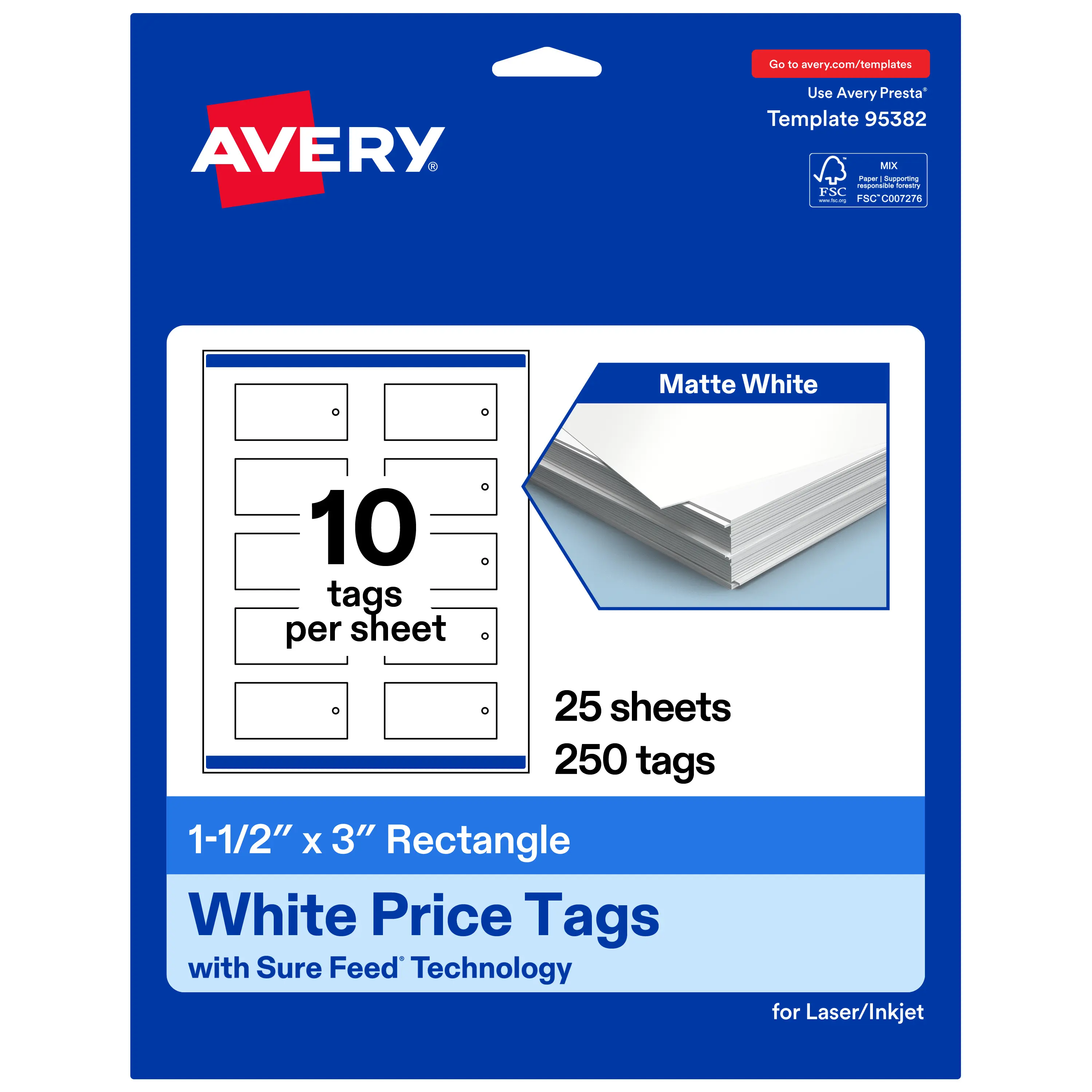 Avery Printable Rectangle Price Tags, Sure Feed Technology, 1-1/2" x 3", Matte White Cardstock, Print-to-The-Edge, Laser/Inkjet Printable, 100 Total