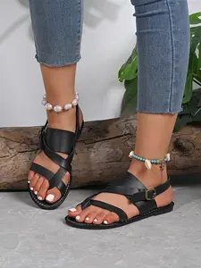 Women's Large Size Flat Sandals, Summer Casual Versatile Toe Loop Buckle Beach Roman Sandals, Comfortable and Stylish Rubber Footwear, Casual Trendy Sandals