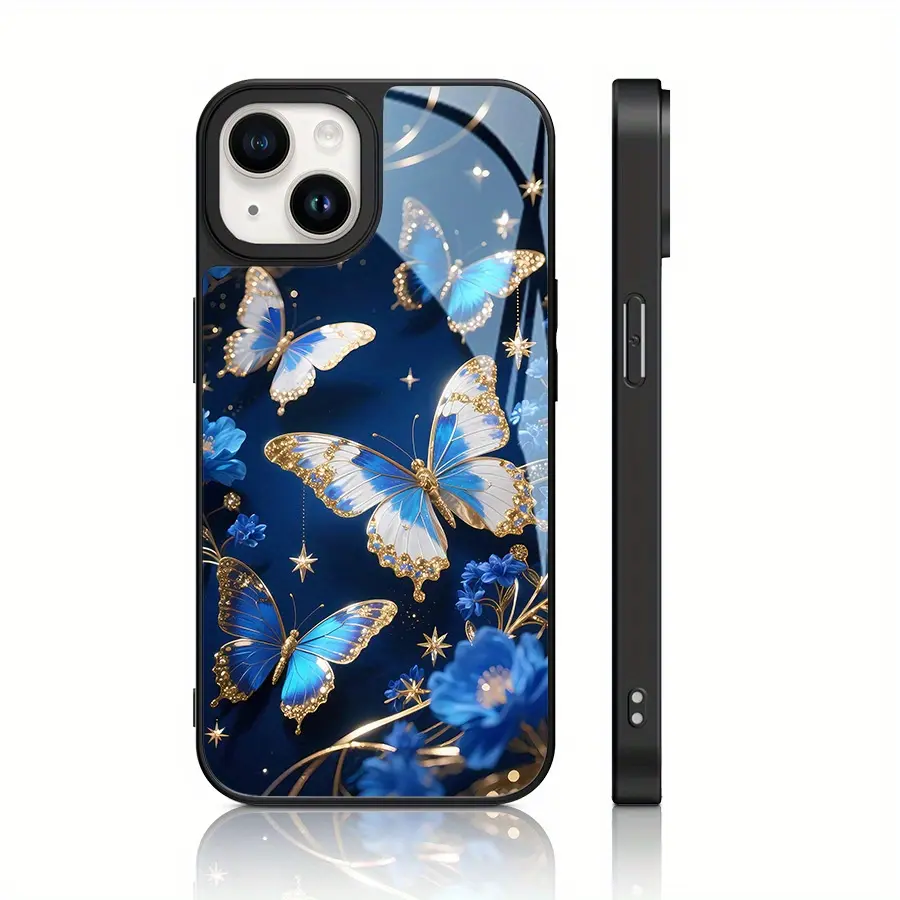 Amolake Exquisite 2D Blue Butterflies Flower Pattern Glass Material Phone Case - Protective Accessories, Non-slip, Lightweight, Trendy Unisex Cover, Shockproof, Fits iPhone 16 Pro Max,15,14 PLUS,13,12,11 (Multi-model), Flowers