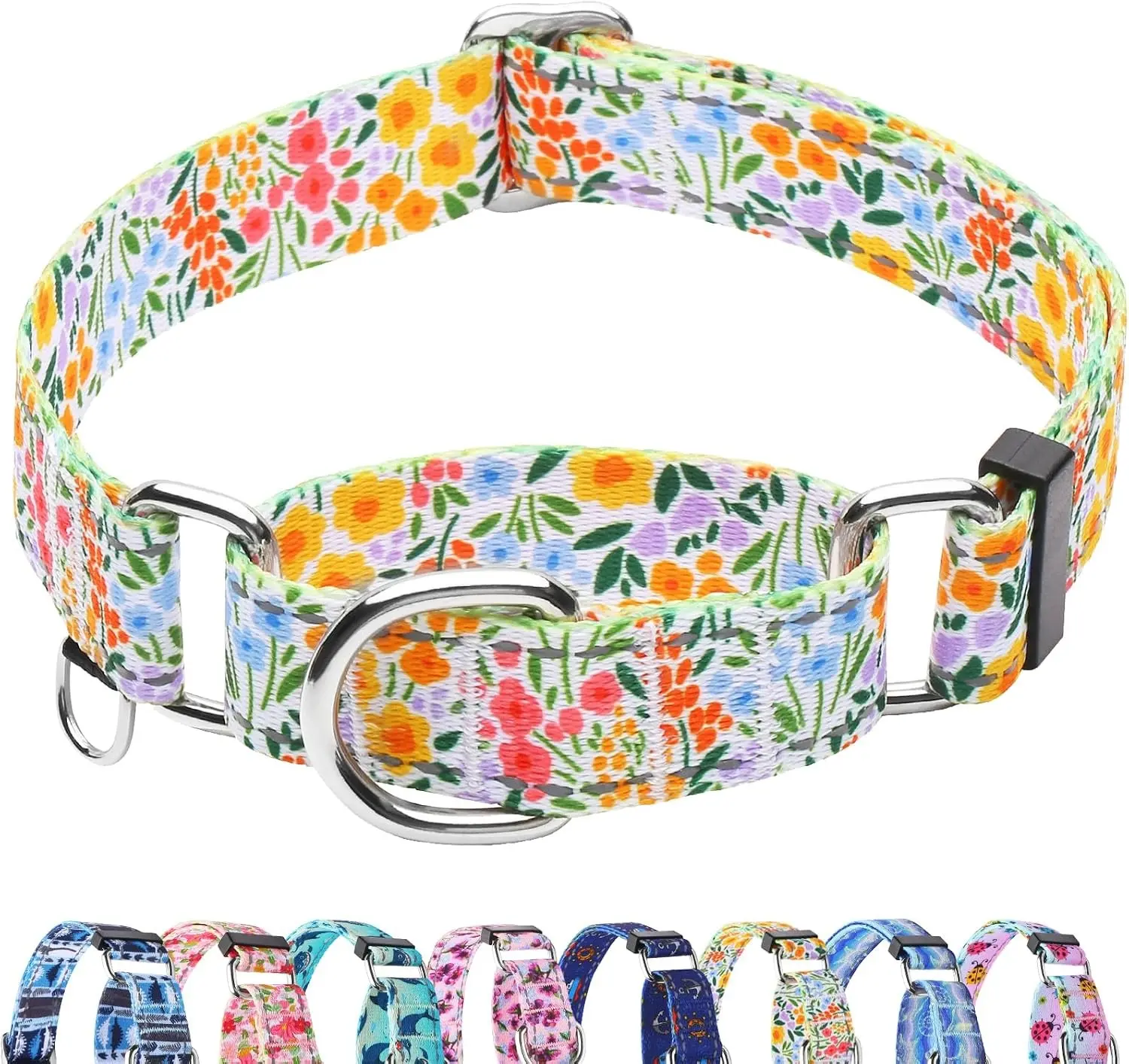 Reflective Martingale Collar for Dogs Nylon Training Collar with No Buckle Cute Floral No Pull Dog Collar for Medium Dogs (Yellow Flower, M)