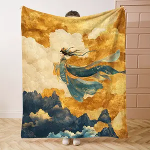 1PC Chinese Classical StylePrint Flannel Blanket Beautiful and Comfortable Warm Nap Blanket for Sofa, Bed, Office, Car, Camping Travel Blanket, Home Decoration - Four Seasons Gift