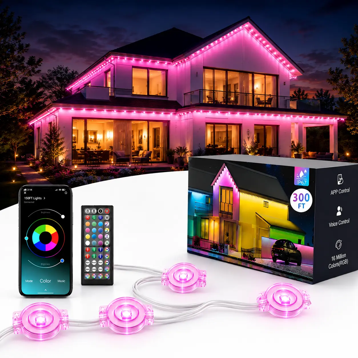 Permanent IP67 Waterproof Outdoor LED Eave Lights for House - App/Remote Control, Roof Decor for Christmas, Holidays & Daily Home Improvement Lighting