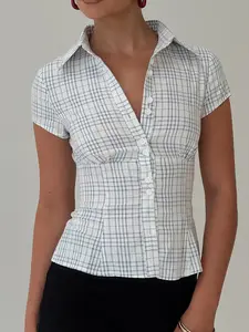 Women's Plaid Print Curved Hem Short Sleeve Blouse, Casual Blouse Shirts Bishop Sleeve Collared Top for Summer, Ladies Clothes for Daily Wear