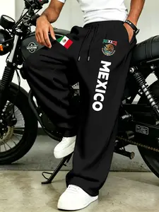 Men's Mexico Theme Casual Sports Pants, Loose Straight Leg Sweatpants, Athleisure Style Sweatpants, Breathable Skin-Friendly Long Pants, All-Season Fashion