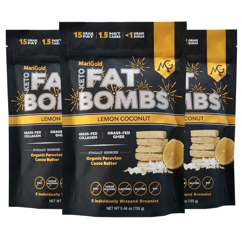 MariGold Keto Fat Bombs - Lemon Coconut - 3 PACK (15 Bars) - Low Carb/Collagen Rich, Low Sugar, Grass-fed Ghee, Organic Cocoa Butter, Gluten-Free, Non-GMO, Protein Snacks