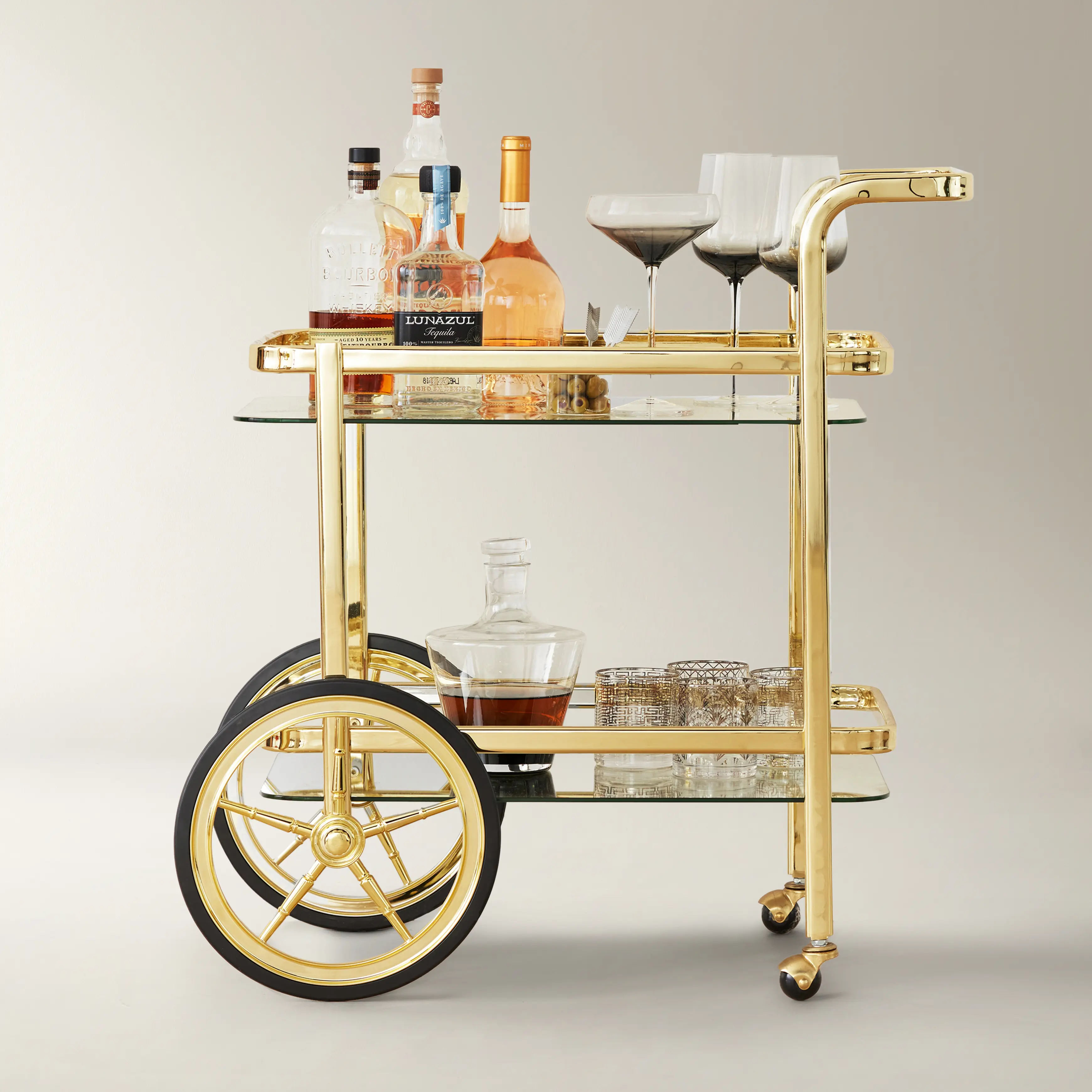 Z Gallerie Steel-Wheeled Bar Cart Set - Kitchen & Bar Wine Utensil Racks, Glassware Storage, Beverage Organizer with Display Functionality