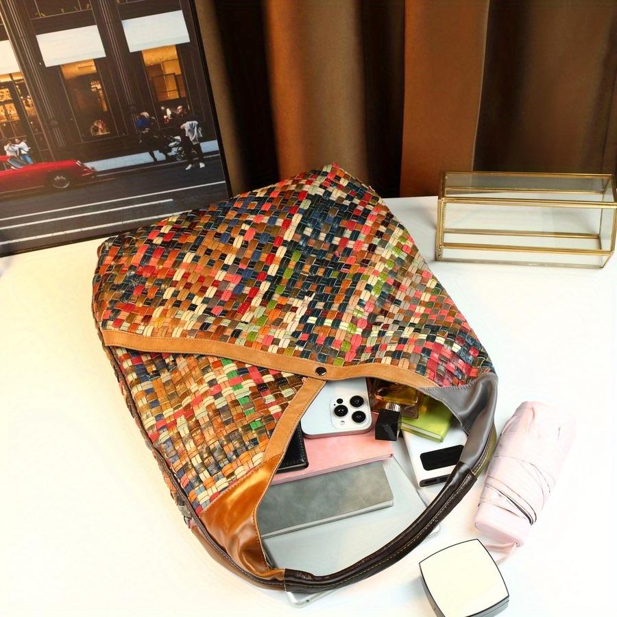 Large Colorful Woven Hobo Bag - Boho Braided Vegan Leather Shoulder Bag - Spacious Multi-color Patchwork Handbag for Women's Daily & Vacation