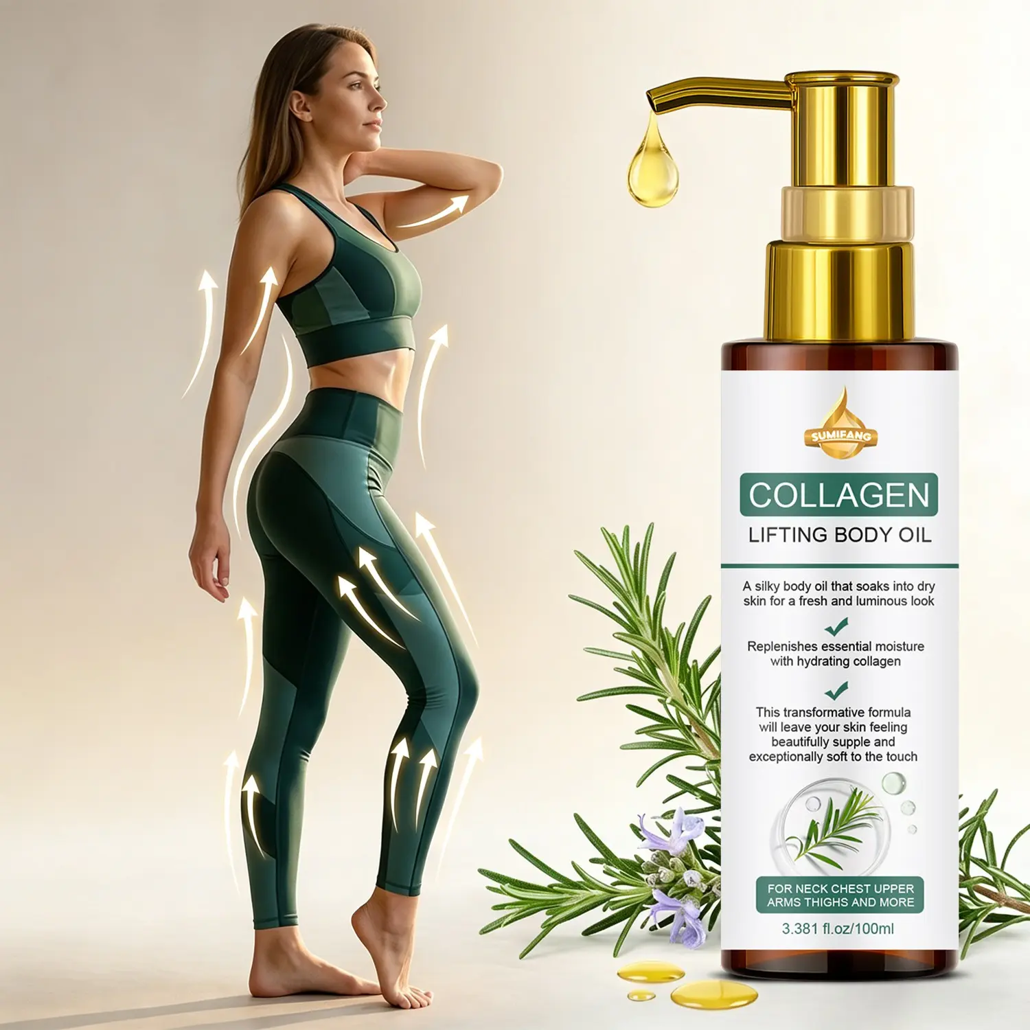 SUMFANG Collagen Firming Moisturizing Hydrating Body Oil 100ml | Skin Tightening Oil, Collagen peptides + rosemary oil, firm and lift dry skin | Deeply moisturizes, creating silky smooth and radiant skin | Moisturizing Body Oils