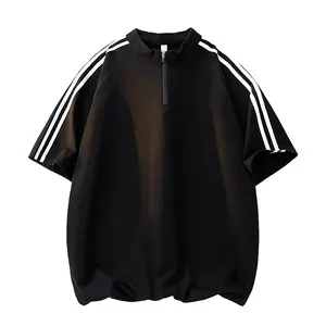 Men’s Half-Zip Short-Sleeve T-Shirt, New Summer Breathable Casual Streetwear Top with Color-Blocked Striped Panels, Unisex Design