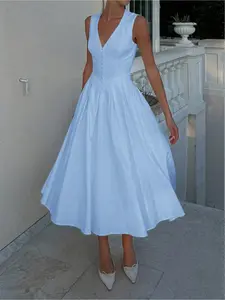 2025 New Elegant French-Style Gentle V-Neck Waist-Cinching Flared Sleeveless Vest Dress, French Retro Spring-Summer Fashionable Patchwork Flared Vacation Beach Dress, Family Gathering Holiday Dinner Elegant Formal Long Dress Vintage Womenswear, Elegance