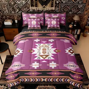 Feelyou 7-Piece High Tenacity Western Comforter Bed in a Bag - Multi-Size Bohemian Look Bedding Set (7 pieces) with Geometric Print, Boho Aztec & Ethnic Tribal Arrow Design Sheets, Purple, Machine Washable, Seven Pieces