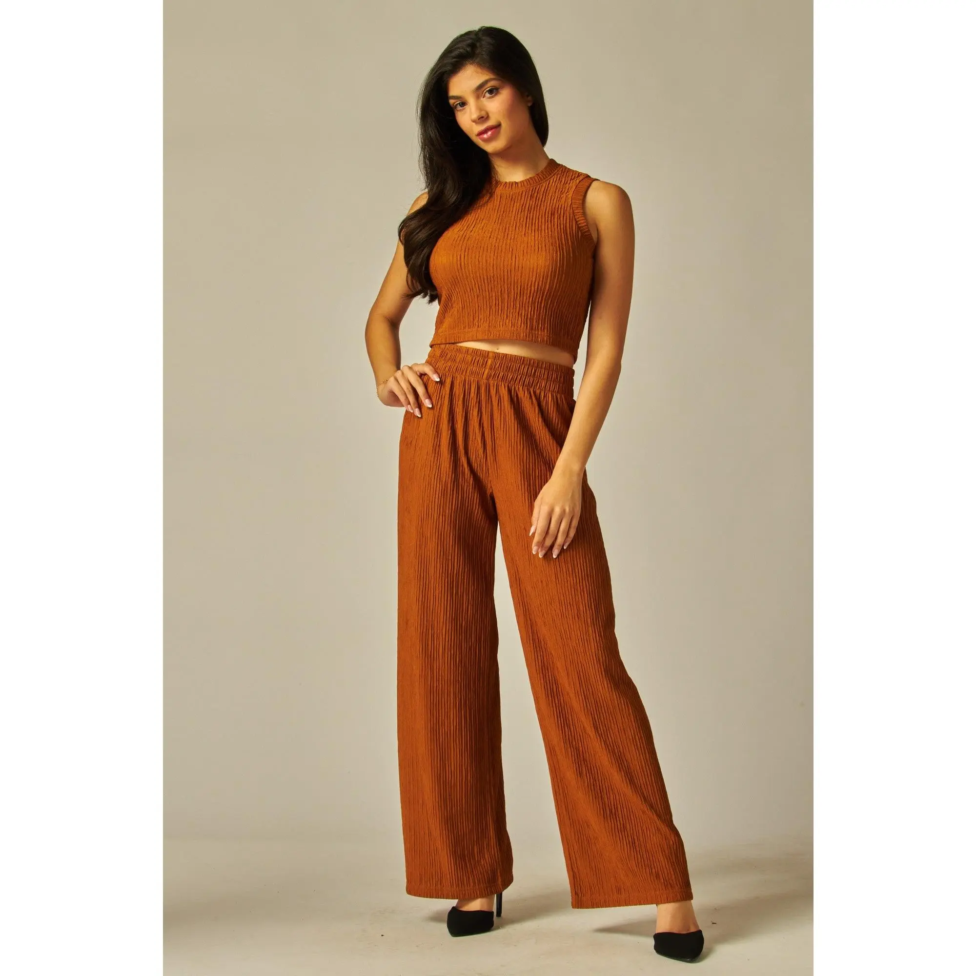 Cognac Crinkled Plisse 2pc Loungewear Set