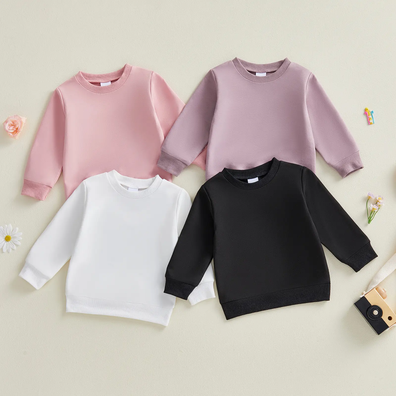 Toddler Baby Boy Girl Sweatshirt Casual Loose Fit Stylish Solid Color Long Sleeve Pullover Tops Spring Fall Winter 0-4 Years