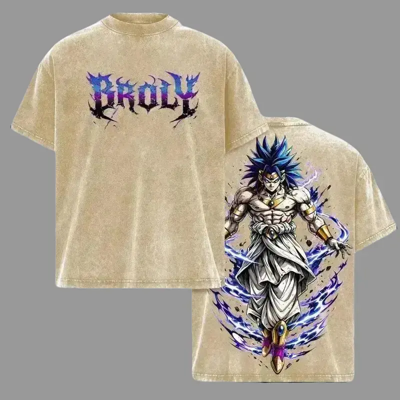 Men's Broly DBZ Vintage Washed Short-Sleeve Round Ribbed Neck Heavyweight Cotton Loose-Fit Graphic Tshirt, Unisex Streetwear Top, Legendary Super Saiyan Print Gift for Anime Fans, Vintage Graphic Tees, Shortsleeve, Graphic Print