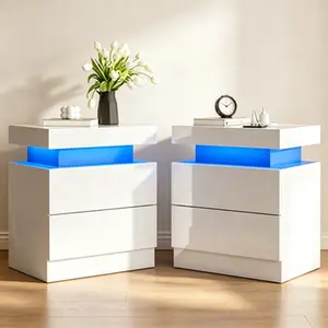 2 Pack High Gloss LED Nightstands in One Package, Modern Bedside Cabinets with Built-in Charging Station, RGB Light Controlled via App & Remote, Drawer Storage End Side Tables, Minimal Furniture for Bedroom & Living Room