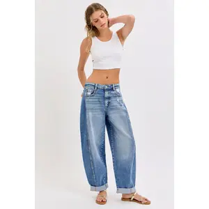 Arlo - Mid Waist Barrel Leg with Rolled Cuff