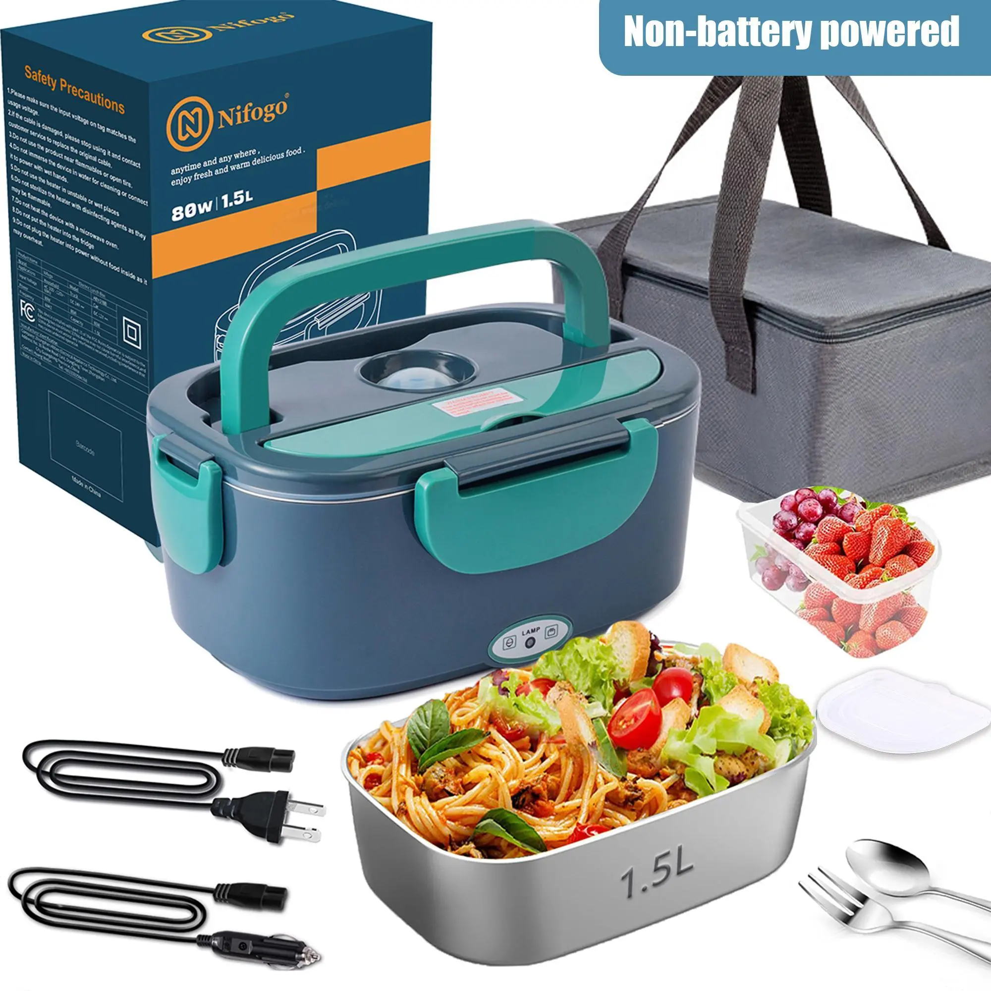 80W Cordless Heated Lunch Box - 1.5L/1.8L Thermal Box, 12V/24V/110V Portable Self-Heating Lunchbox with Outdoor Dining Set, Insulated Bag for Car Travelers, Versatile Compatibility (Father’s Day Gift), 80W/1.5L/Black, Thermal Lunch Boxes, Cordless Heated