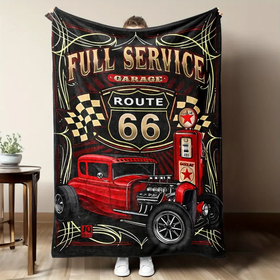 1pc Vintage Garage Throw Blanket - Retro Hot Rod Car Design with Route 66, Soft Flannel Sofa Bedspread - Mid-Century Automotive Decor in Red/Black/ Golden/Gray/ - Ideal Gift for Car Lovers, for Man Cave, Garage, Wrinkle Resistant, Infant