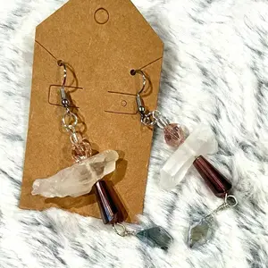 Silver White Quartz and Purple Glass Beaded Dangling Hook Earrings