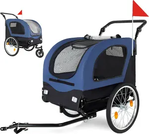 2-in-1 Bike Trailer & Pet Stroller for Dogs up to 110lbs – Foldable Pet Carrier Cart with Front Caster & 20" Air-Filled Wheels, Breathable Mesh & PVC Rain Cover, Blue