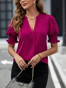 A stylish and elegant women's solid color V-neck T-shirt, suitable for daily wear, commuting, and outings, perfect for summer.