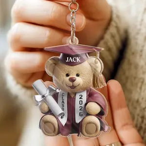 RodyThread Personalized Graduation Teddy Bear Custom Name Acrylic Keychain For Students Graduates Cute Preppy Keepsake Aesthetic Maroon Clear Acrylic Bag Charm Senior Class Of 2026 Diploma Bear Commemorative Gift Custom School Tag summervibes