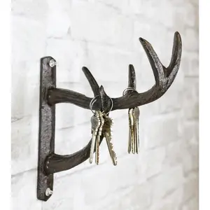 Set of 2 Cast Iron Vintage Western Rustic Deer Antlers Multi Point Wall Hooks
