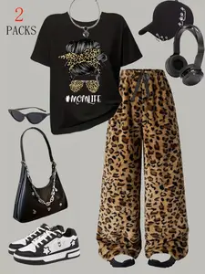 Women's Leopard Print Letter Pattern Casual T-Shirt & Long Pants Set, Loose-Fitting Warm Fleece Joggers, Fall Winter Fashion Womenswear