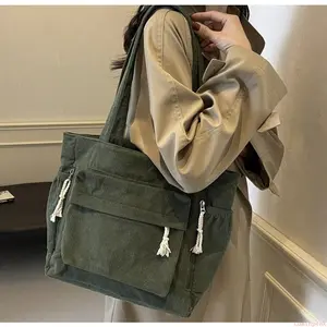 Women's Heavy-Duty Corduroy Tote Bags - Large-Capacity, Multi-Compartment Handbags With Fixed Shoulder Straps, Zipper Closure For Outdoor Hiking, Daily Commute