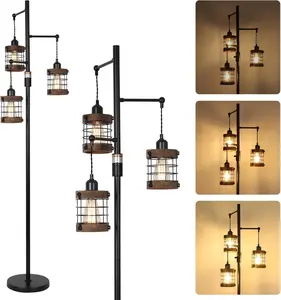 Dimmable Floor Lamps for Living Room, 3-Light Industrial Floor Lamp with Wood & Metal Cage, Farmhouse Standing Lamp Tall Tree Lamp for Bedroom Office, Rustic Black Tall Floor Lamp for Corner