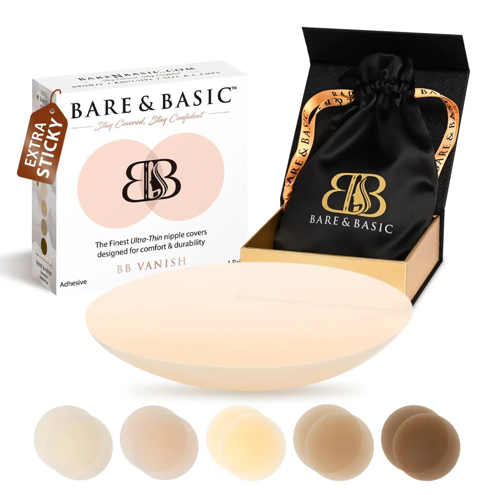 Bare & Basic Adhesive Nip Cover - Invisible Sticky Silicone Nipple Covers, Matching 5 Skin Tones Reusable Nip Pasties -Stays On All Day & Night - Travel Bag Included