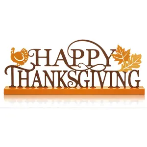 Happy Thanksgiving Table Decor Farmhouse Tabletop Block Sign Rustic Tiered Tray Decor with Wooden Base Freestanding Metal Word Sign and Wooden Pumpkin Cutout for Home Table Shelf Office
