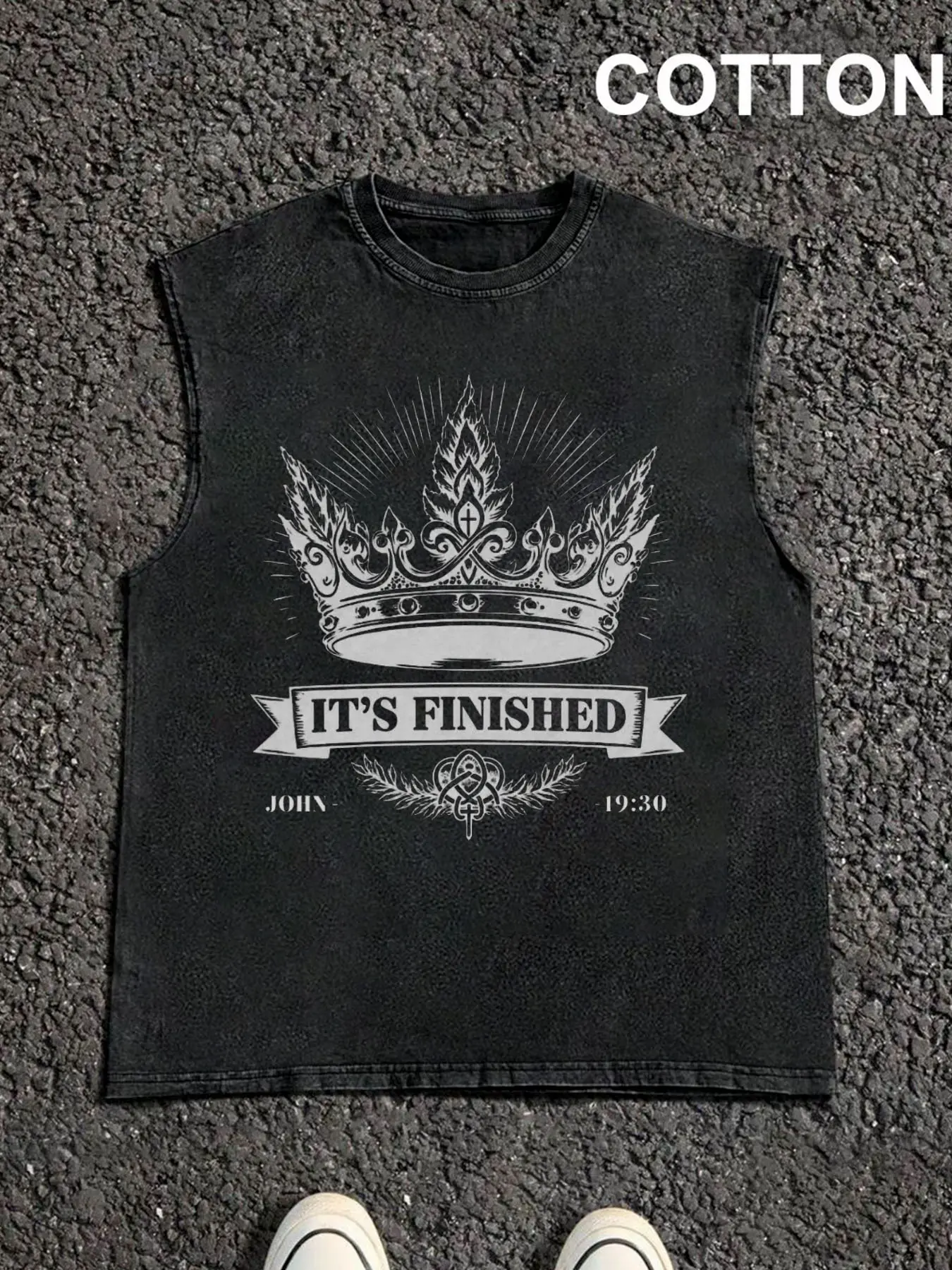 1 PCS Oversized Sleeveless Muscle Tank Top, It's Finished John 19:30 Crown Cross Vintage Religious Graphic Print, Retro Christian Faith Streetwear, 100% Cotton Breathable Unisex Tank For Catholic Believers Casual Daily Outfit