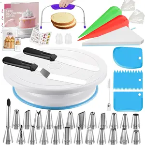 65 count Cake Decorating Kit with Cake Stand Turntable, Cake Baking Supplies 30+1 Piping Bags, 24 Piping Tips, Offset & Straight Spatulas, 3 Scrapers, Leveler, 2 Couplers & 1 Tips Brush