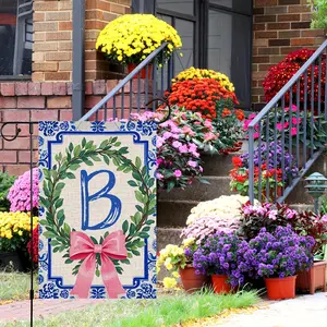 Chinoiserie Garden Flag, Name Initial Flags, Chinoiserie & Bow Flags, Yard Family Last Name Flag, 12x18 Inch, Perfect for Spring, Easter, Summer And Holiday Outdoor Decorations, Home Decor, No Flagpole Included, Double-Sided Linen Material