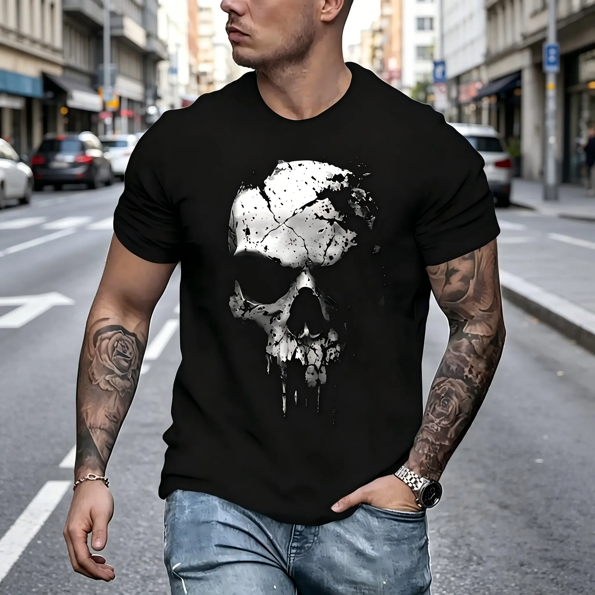 Men's Gothic 3D Skull Round Neck T-Shirt - Soft Cotton, Distressed Graphic Print, Classic Fit Short Sleeve for Casual Streetwear, Tshirt