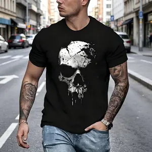 Vintage Gothic 3D Skull Print T-Shirt for Men, Black & White Distressed Graphic Tee, Casual Round Neck, Breathable Elastic Cotton, Regular Fit, Machine Washable, Gothic Streetwear for Gym, Outdoor & Casual Attire
