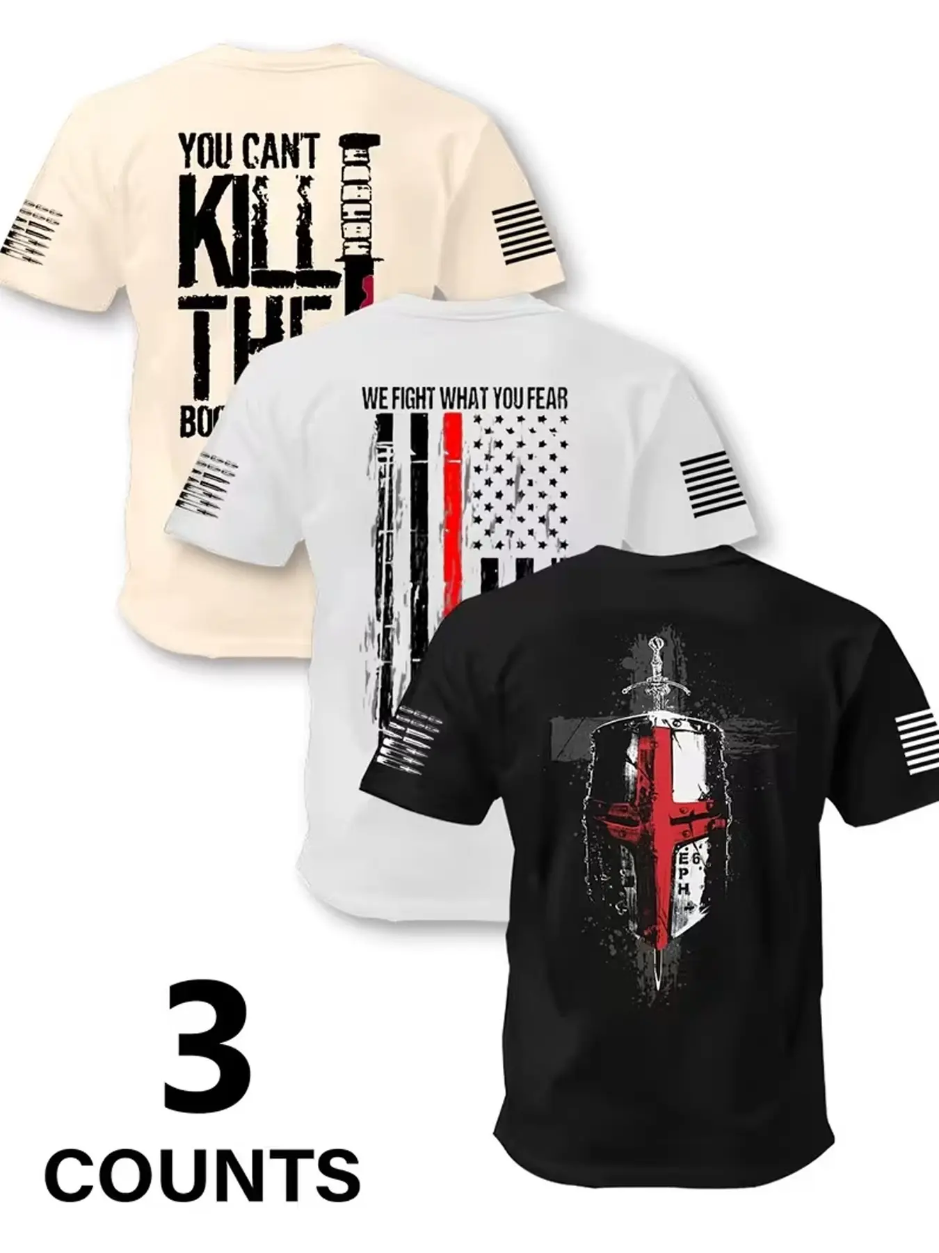 3 Counts Patriotic Christian T-Shirt Set, Men's "You Can't Kill The Bodies" Powerful Quote & Crusader Shield Casual Graphic Design Tees, American Flag Streetwear Top Menswear | TikTok Viral