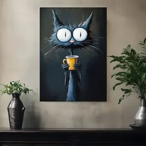 [2D Flat]1pc Playful Canvas Art Print Featuring a Whimsical Black Cat Holding a Coffee Cup – a Vintage-Style, Wall Decoration Suitable for Your Living Room, Bedroom, Office, Or Café with a Smooth Finish.
