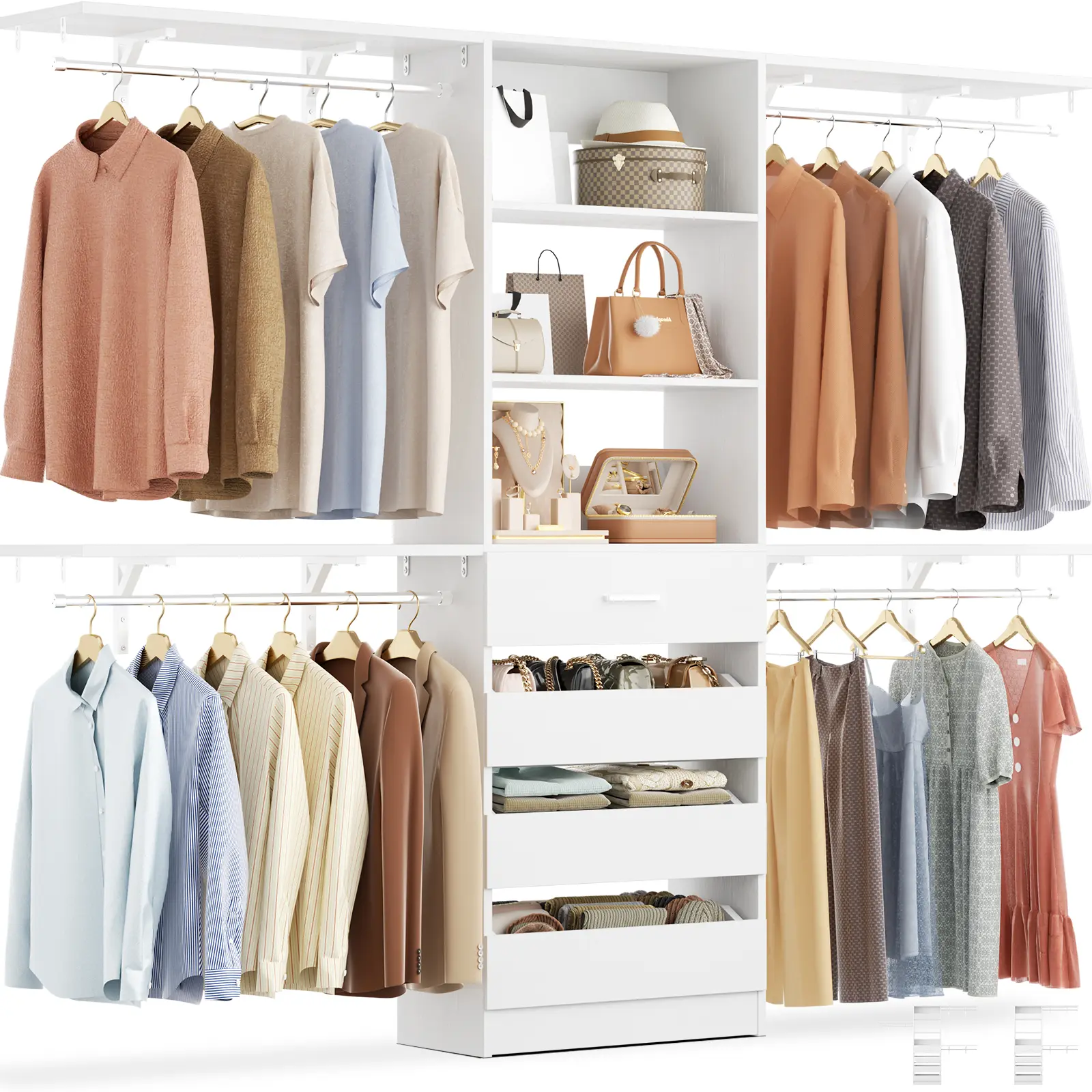 Closet System with 4 Drawers - 8FT Wood Closet Organizer System, 96’’ Closets Built In System Tower with Shelves, Walk-in Closets Wardrobe Clothes Garment Rack, Fits Spaces 4-9 ft