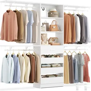 Closet System with 4 Drawers - 8FT Wood Closet Organizer System, 96’’ Closets Built In System Tower with Shelves, Walk-in Closets Wardrobe Clothes Garment Rack, Fits Spaces 4-9 ft