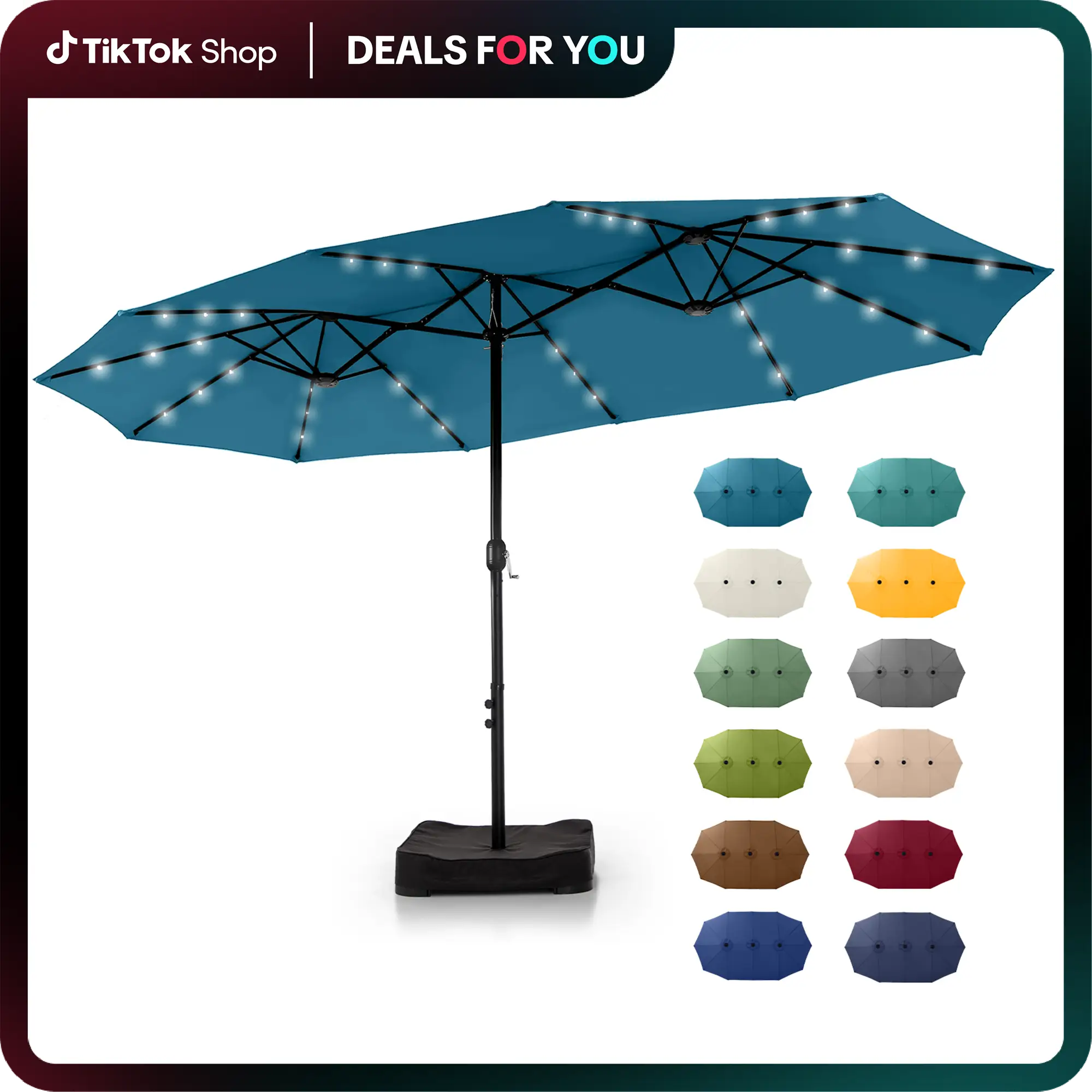 PHI VILLA 15ft Double-Sided Patio Umbrella with Crank & LED Lights - Extra Large Steel Frame, Water-Resistant, UV Protection, Metal Base Included, Mod