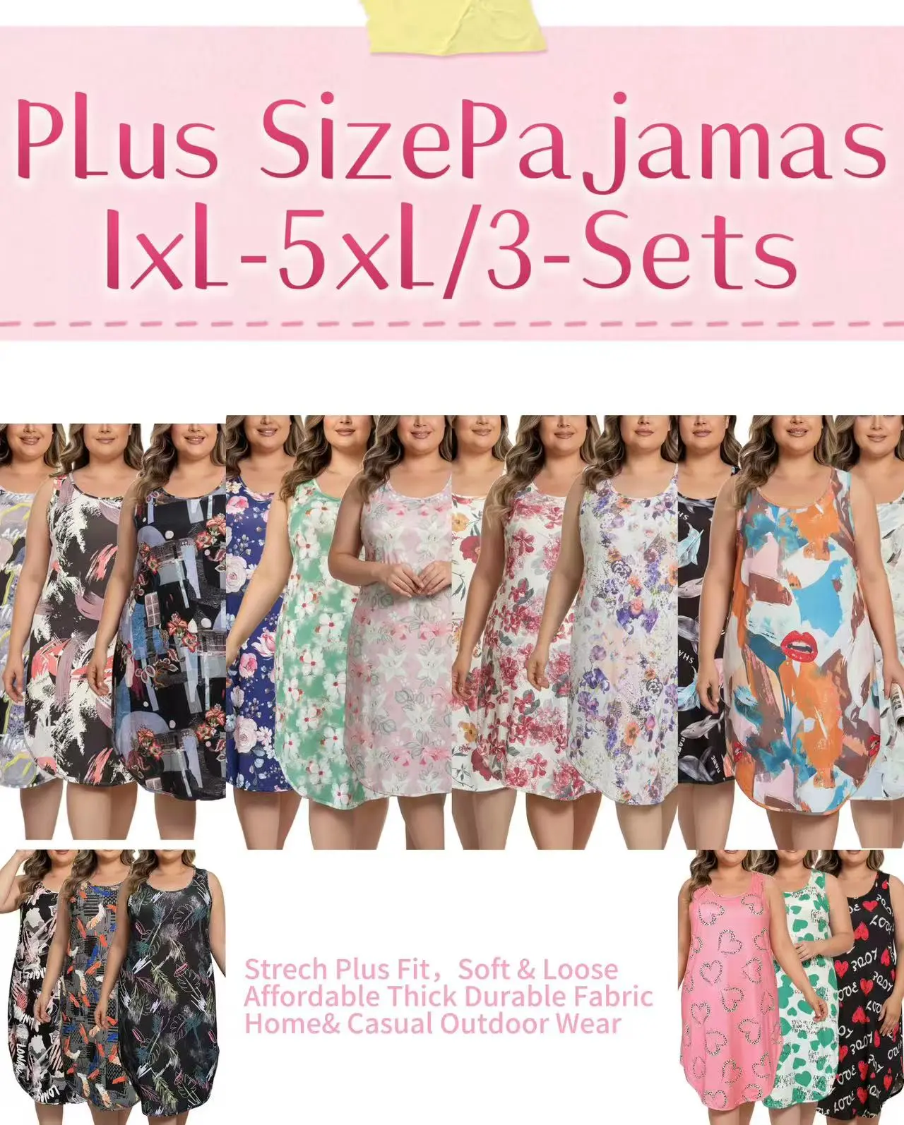 Women's 3-Pack Plus Size Nightdresses, Sleeveless Floral Casual Loungewear, Cool & Comfy Shredded Milk Sleep Dress with Ruffled Hem, Nightwear, Fabric, Crew Neck, Sleepwear Nightgown, Knitting, Relaxed Fit, Lightweight, Stretchy Fabric, Night Gown For Wom