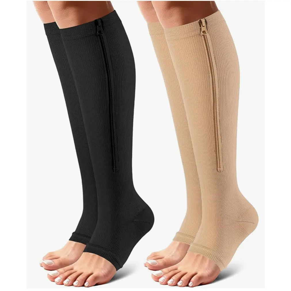 2 Pairs Open Toe Zipper Compression Socks Breathable Compression Socks with Side Zipper - Men & Women's Comfortable Support zipper sock Healthcare Walking Running Cycling and Sports